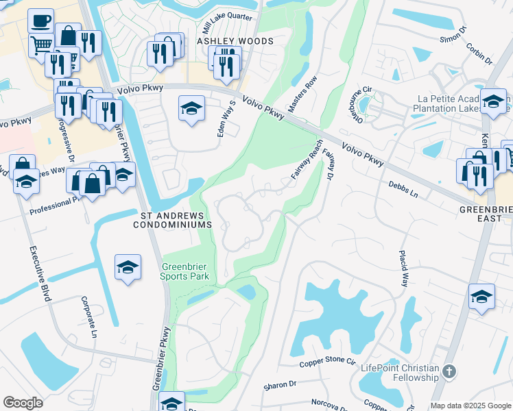 map of restaurants, bars, coffee shops, grocery stores, and more near 1309 Quail Creek Hollow in Chesapeake