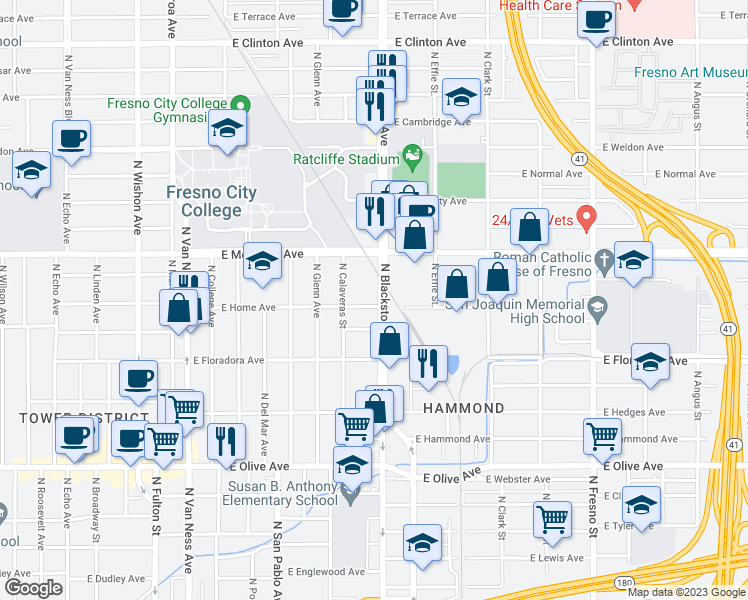 map of restaurants, bars, coffee shops, grocery stores, and more near 1501 North Blackstone Avenue in Fresno