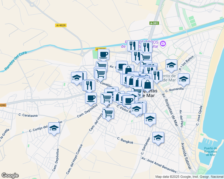 map of restaurants, bars, coffee shops, grocery stores, and more near 21 Calle Casablanca in Roquetas de Mar