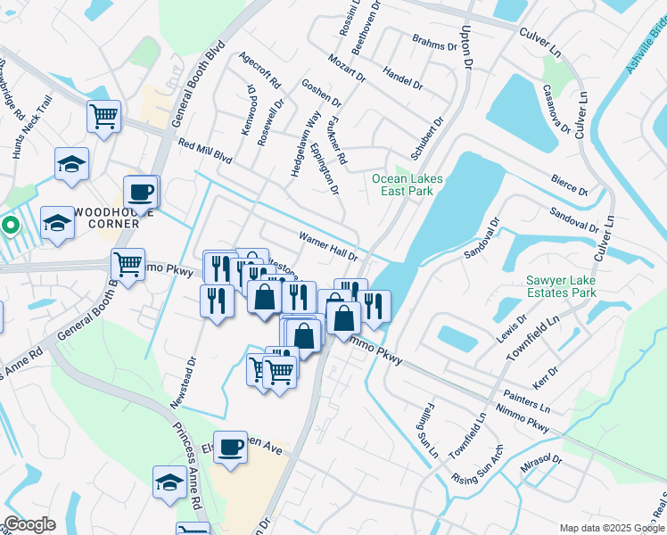 map of restaurants, bars, coffee shops, grocery stores, and more near 2208 Spring Run Court in Virginia Beach