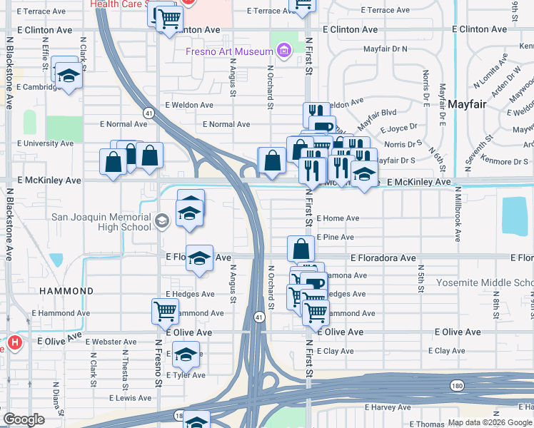 map of restaurants, bars, coffee shops, grocery stores, and more near 2995 East Home Avenue in Fresno