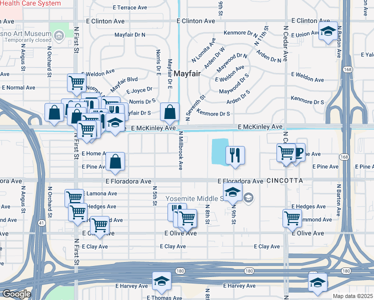map of restaurants, bars, coffee shops, grocery stores, and more near 1502 North 7th Street in Fresno