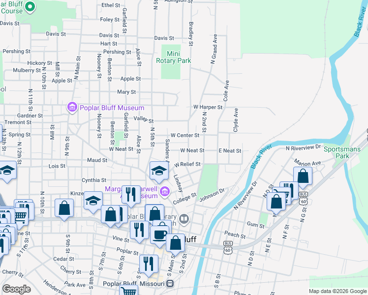 map of restaurants, bars, coffee shops, grocery stores, and more near 309 West Neat Street in Poplar Bluff