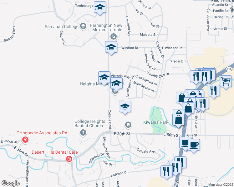 map of restaurants, bars, coffee shops, grocery stores, and more near 3700 College Boulevard in Farmington