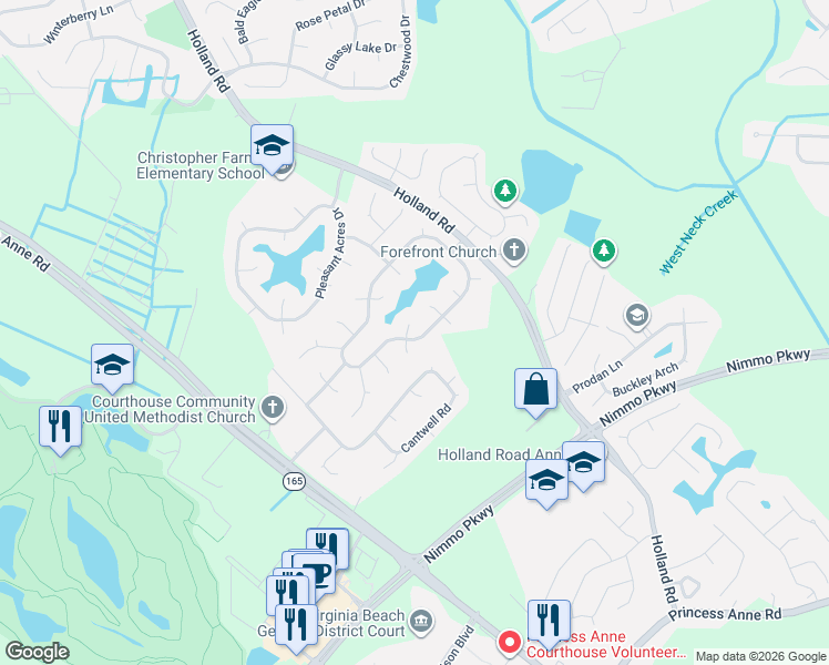 map of restaurants, bars, coffee shops, grocery stores, and more near 2653 Christopher Farms Drive in Virginia Beach