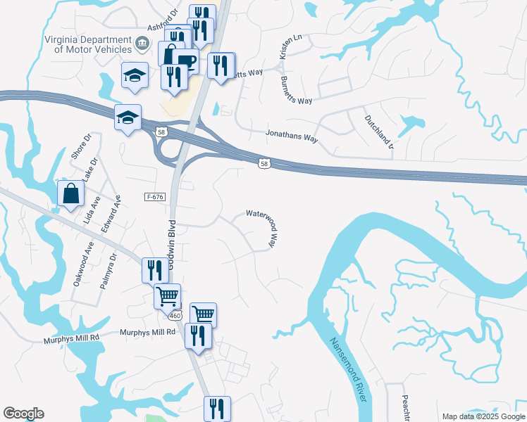map of restaurants, bars, coffee shops, grocery stores, and more near 215 Waterwood Way in Suffolk