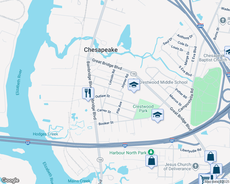 map of restaurants, bars, coffee shops, grocery stores, and more near 211 Grant Street in Chesapeake
