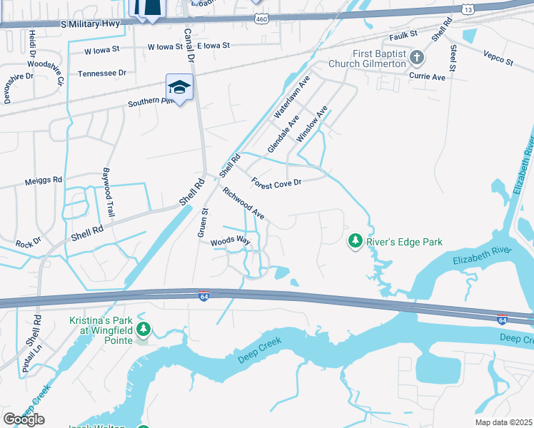 map of restaurants, bars, coffee shops, grocery stores, and more near 1240 Richwood Avenue in Chesapeake