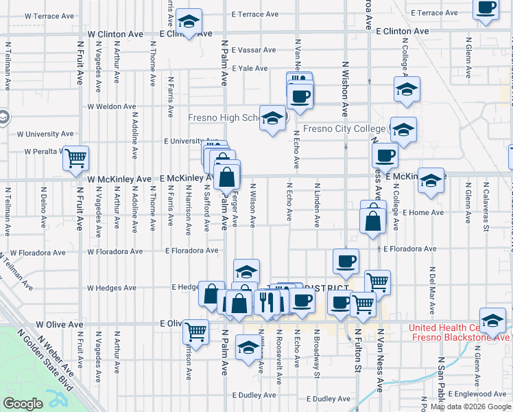 map of restaurants, bars, coffee shops, grocery stores, and more near 1516 North Wilson Avenue in Fresno