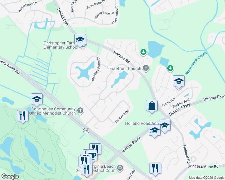 map of restaurants, bars, coffee shops, grocery stores, and more near 2677 Christopher Farms Drive in Virginia Beach