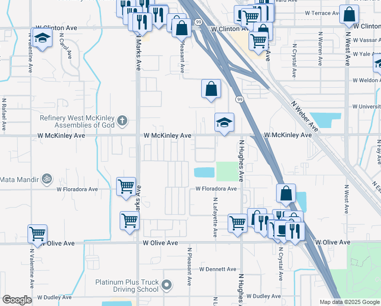 map of restaurants, bars, coffee shops, grocery stores, and more near 1535 North Pleasant Avenue in Fresno