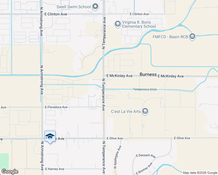 map of restaurants, bars, coffee shops, grocery stores, and more near 1878 North Temperance Avenue in Fresno