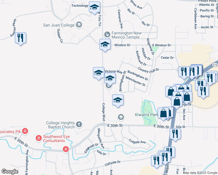 map of restaurants, bars, coffee shops, grocery stores, and more near 3700 College Boulevard in Farmington
