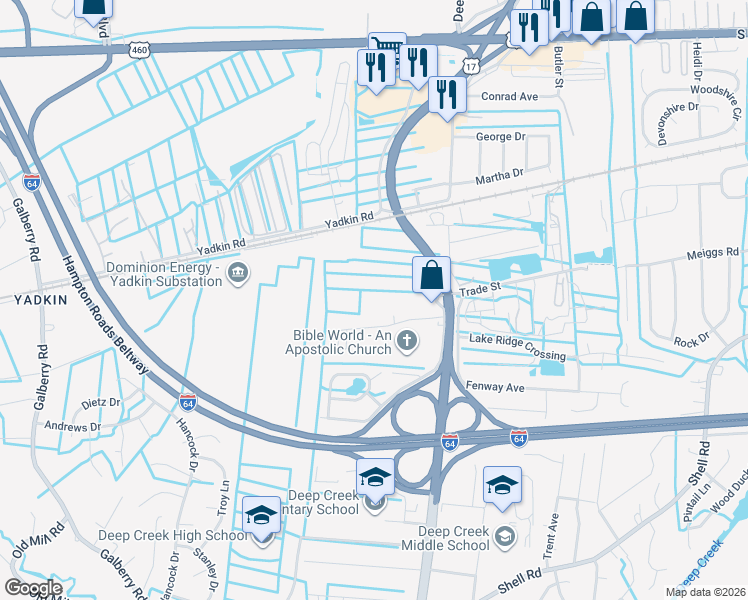 map of restaurants, bars, coffee shops, grocery stores, and more near 624 Happy Acres Road in Chesapeake