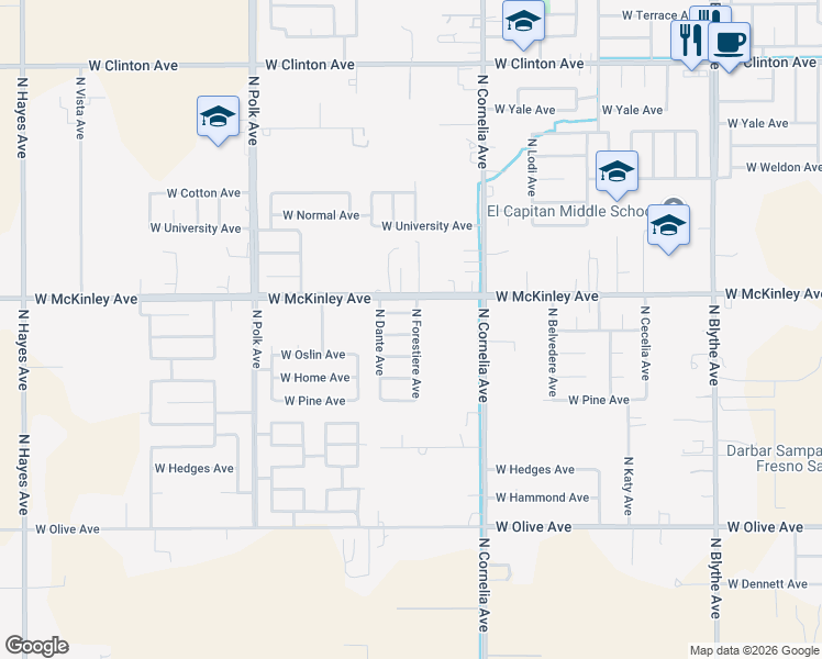 map of restaurants, bars, coffee shops, grocery stores, and more near 5142 West Weathermaker in Fresno