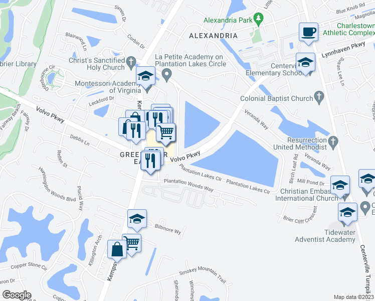 map of restaurants, bars, coffee shops, grocery stores, and more near 1714 Volvo Pkwy Service Road in Chesapeake