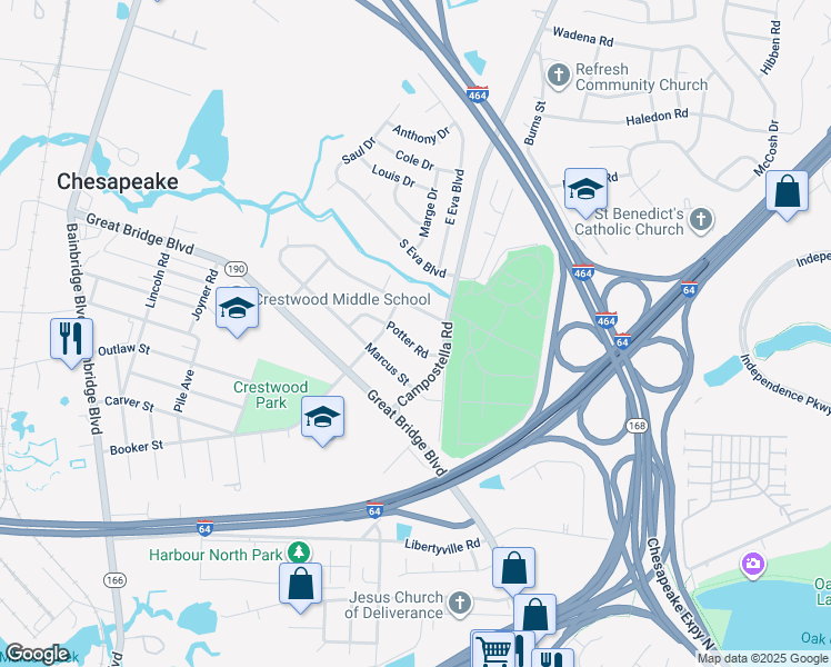 map of restaurants, bars, coffee shops, grocery stores, and more near 716 Potter Road in Chesapeake