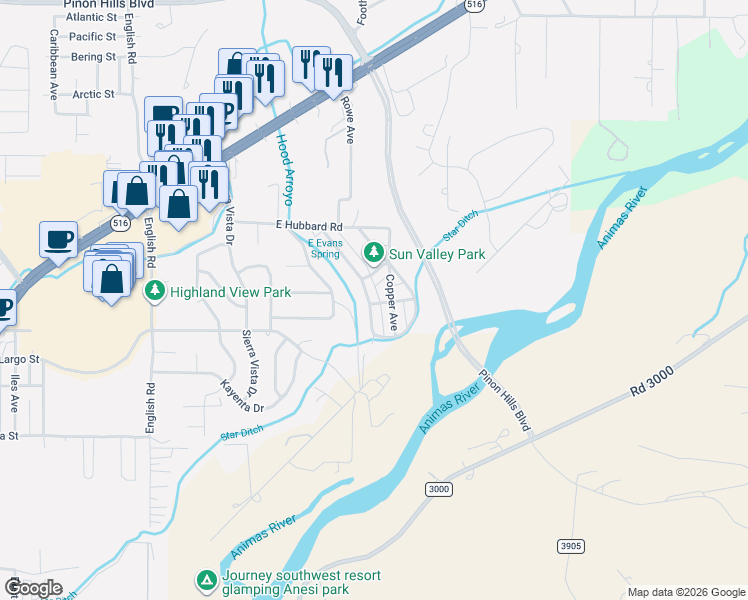 map of restaurants, bars, coffee shops, grocery stores, and more near 3801 Gold Avenue in Farmington