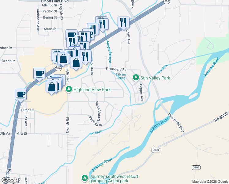 map of restaurants, bars, coffee shops, grocery stores, and more near 5301-5305 Evans Street in Farmington