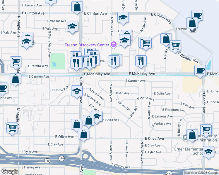 map of restaurants, bars, coffee shops, grocery stores, and more near 4910 East Weathermaker Avenue in Fresno