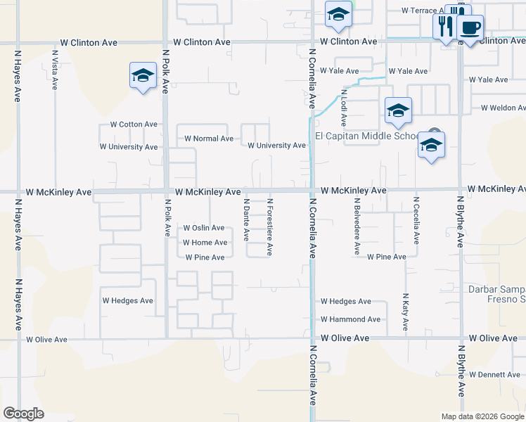 map of restaurants, bars, coffee shops, grocery stores, and more near 5142 West Weathermaker in Fresno