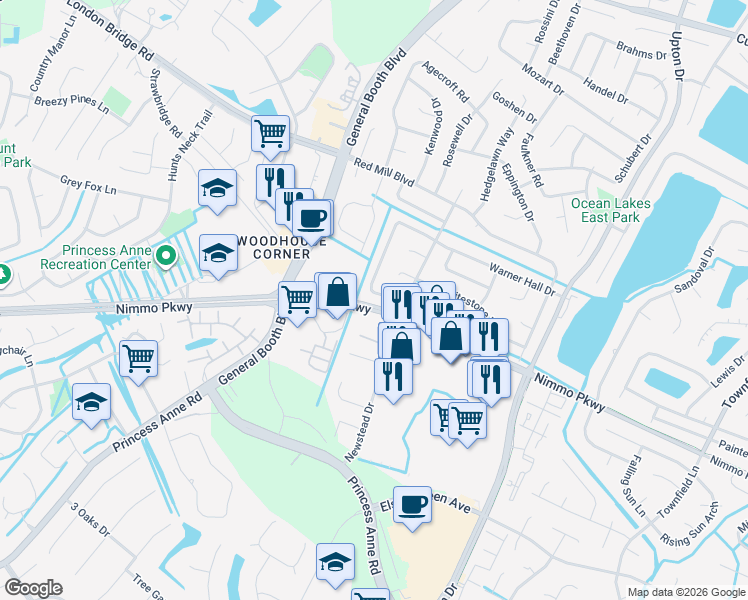 map of restaurants, bars, coffee shops, grocery stores, and more near 1296 Warner Hall Road in Virginia Beach