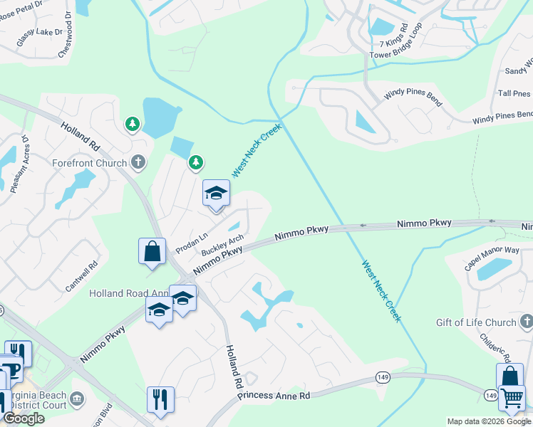 map of restaurants, bars, coffee shops, grocery stores, and more near 1713 Prodan Lane in Virginia Beach