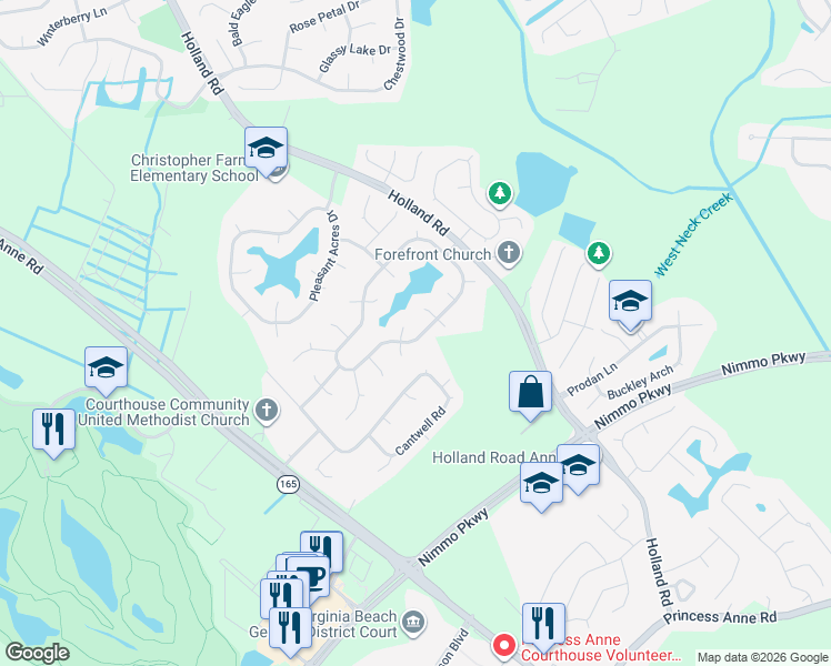 map of restaurants, bars, coffee shops, grocery stores, and more near 2653 Christopher Farms Drive in Virginia Beach