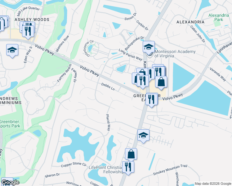 map of restaurants, bars, coffee shops, grocery stores, and more near 1503 Debbs Lane in Chesapeake