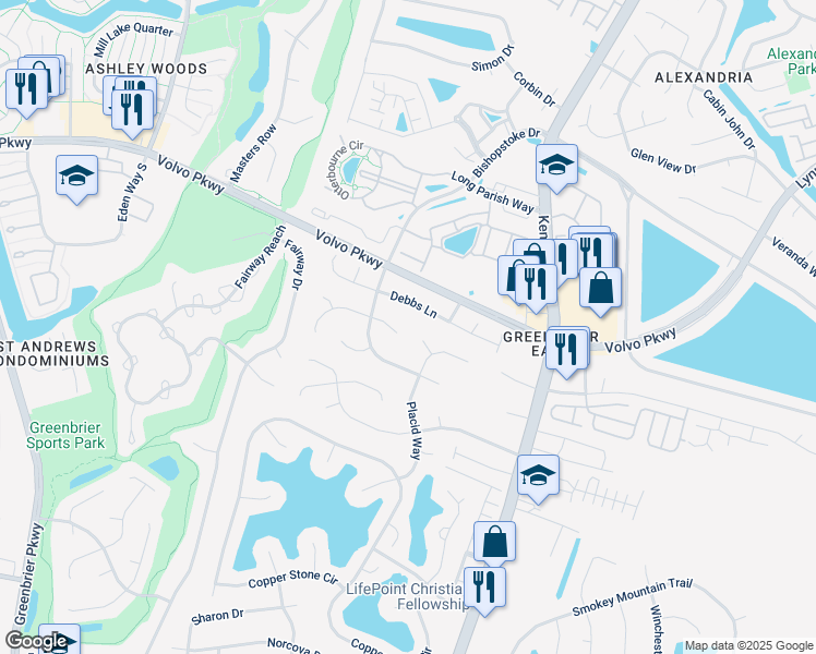 map of restaurants, bars, coffee shops, grocery stores, and more near 1210 Pebble Rock Court in Chesapeake