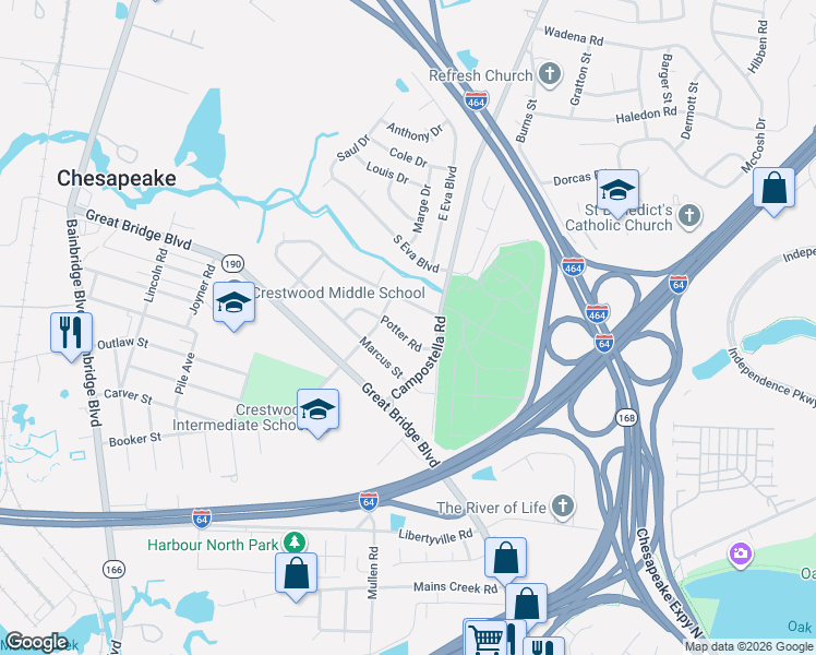 map of restaurants, bars, coffee shops, grocery stores, and more near 708 Potter Road in Chesapeake