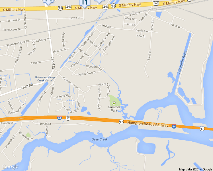 map of restaurants, bars, coffee shops, grocery stores, and more near 1432 Rivers Edge Trce in Chesapeake