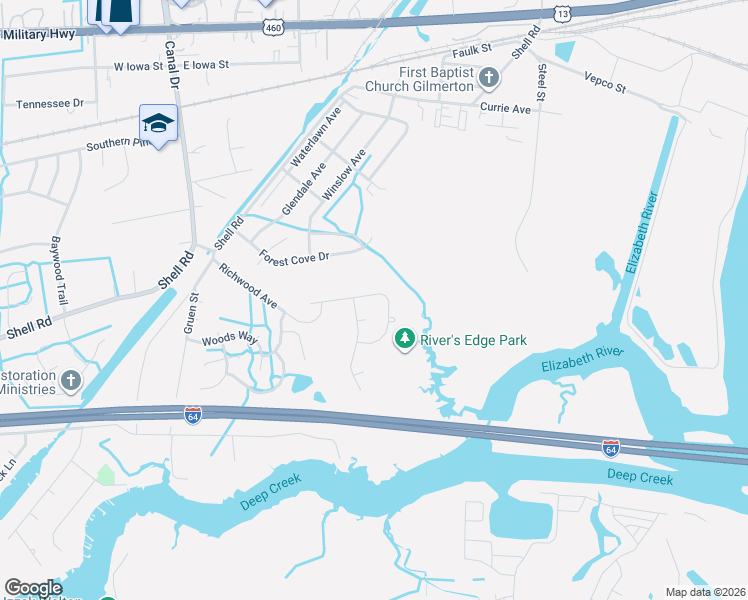 map of restaurants, bars, coffee shops, grocery stores, and more near 1432 Rivers Edge Trce in Chesapeake