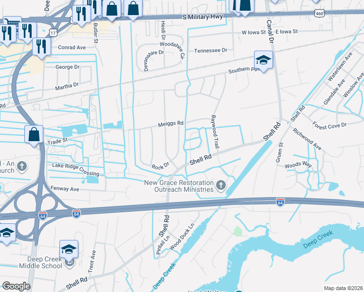 map of restaurants, bars, coffee shops, grocery stores, and more near 424 Rock Drive in Chesapeake
