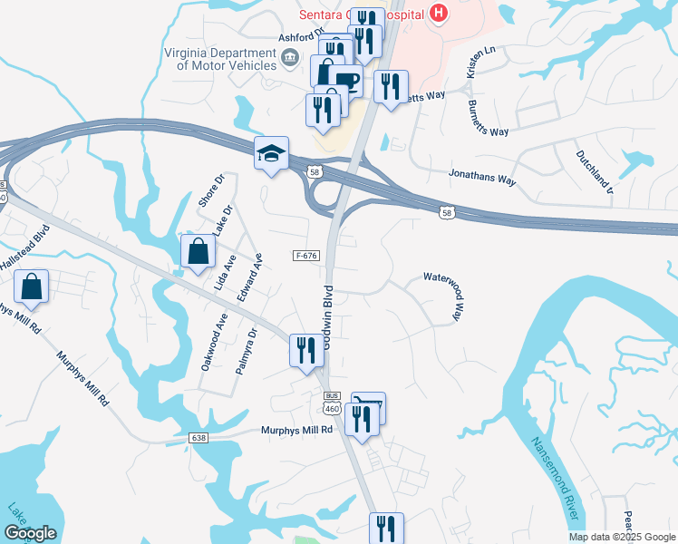 map of restaurants, bars, coffee shops, grocery stores, and more near 2424 Godwin Boulevard in Suffolk
