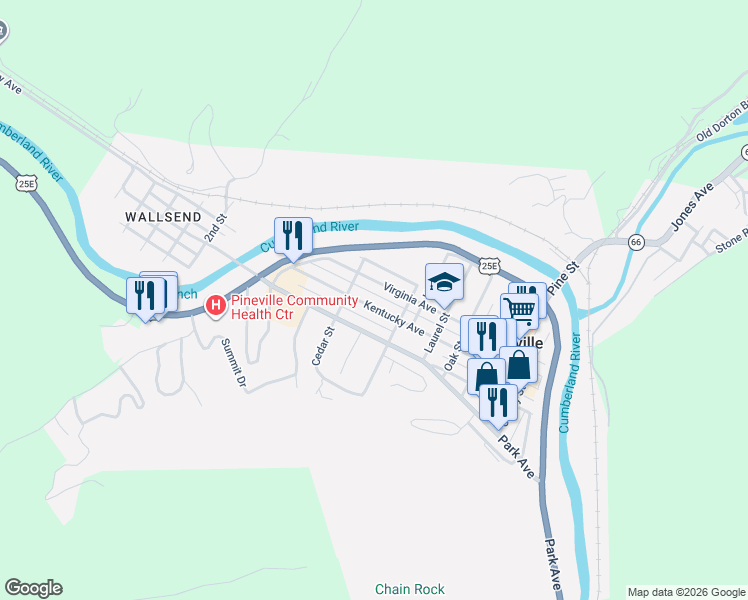 map of restaurants, bars, coffee shops, grocery stores, and more near 531 Kentucky Avenue in Pineville