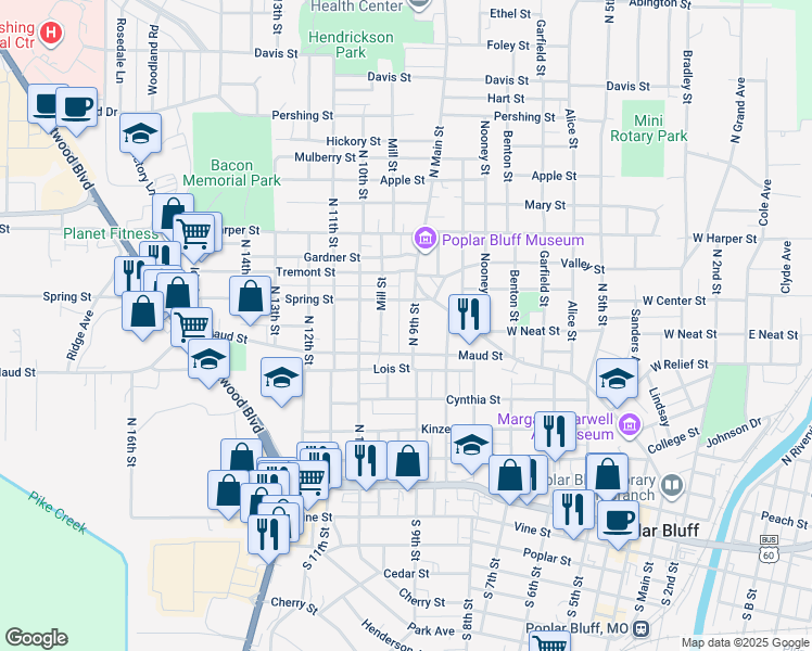 map of restaurants, bars, coffee shops, grocery stores, and more near 617 Selma Street in Poplar Bluff