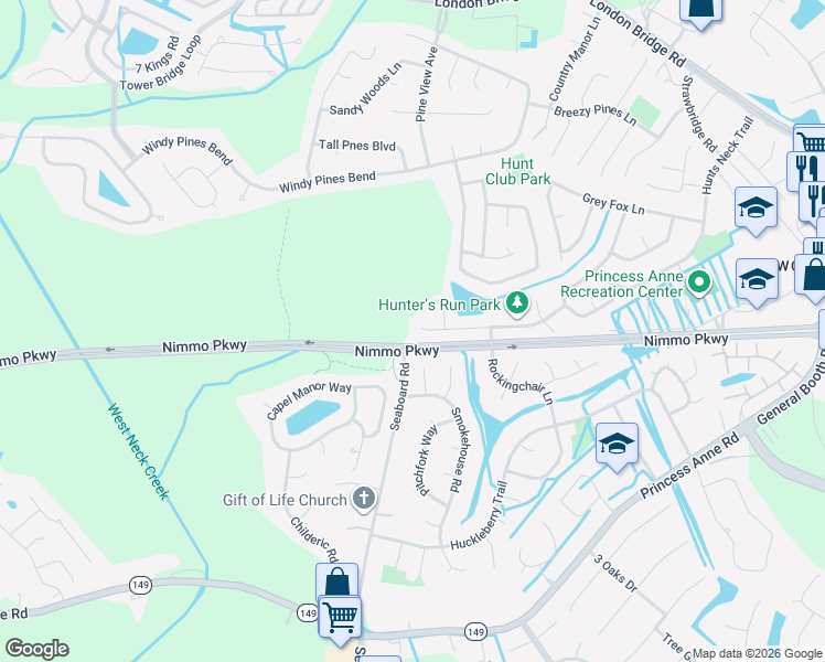 map of restaurants, bars, coffee shops, grocery stores, and more near 2629 Hunters Run Trail in Virginia Beach
