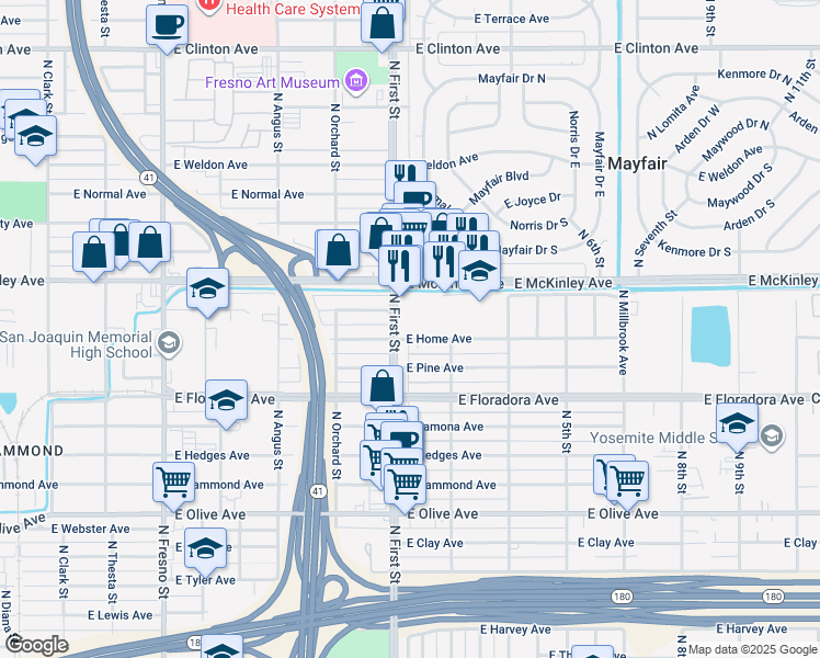 map of restaurants, bars, coffee shops, grocery stores, and more near 1526 North First Street in Fresno