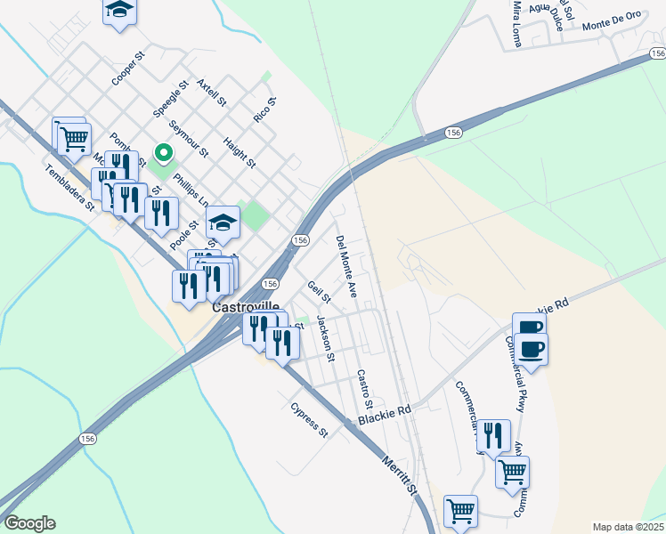 map of restaurants, bars, coffee shops, grocery stores, and more near 11400 Palmer Street in Castroville