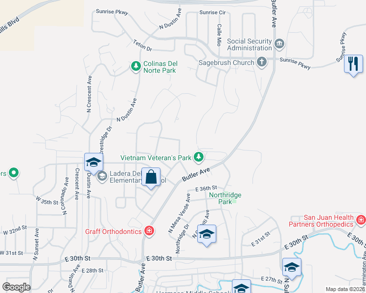 map of restaurants, bars, coffee shops, grocery stores, and more near 3910 North Mesa Verde Avenue in Farmington
