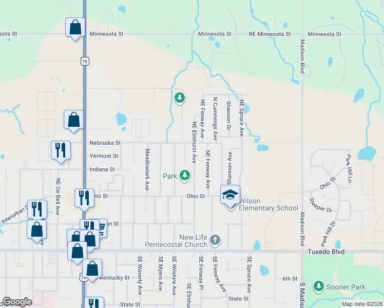 map of restaurants, bars, coffee shops, grocery stores, and more near 453 Northeast Elmhurst Avenue in Bartlesville