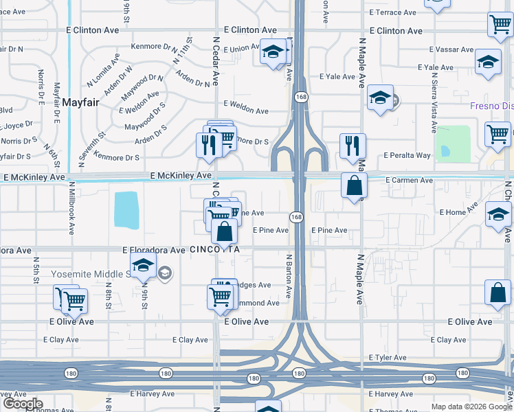 map of restaurants, bars, coffee shops, grocery stores, and more near 1515 North Chance Avenue in Fresno