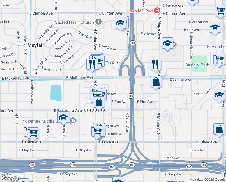 map of restaurants, bars, coffee shops, grocery stores, and more near 1515 North Chance Avenue in Fresno