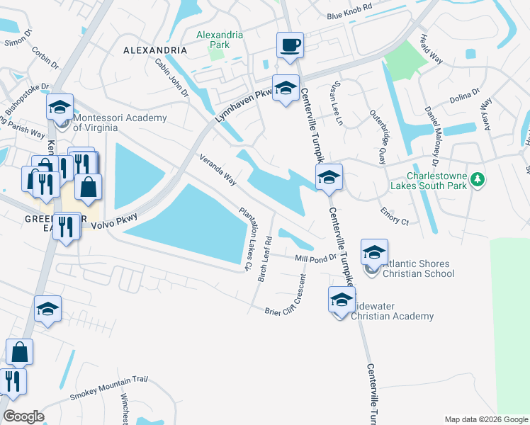 map of restaurants, bars, coffee shops, grocery stores, and more near 1237 Veranda Way in Chesapeake