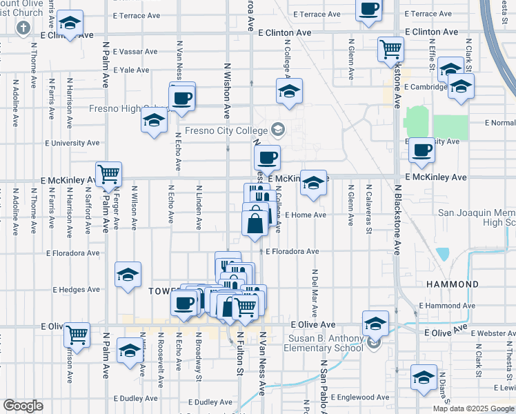map of restaurants, bars, coffee shops, grocery stores, and more near 1511 North Van Ness Avenue in Fresno