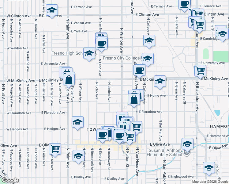map of restaurants, bars, coffee shops, grocery stores, and more near 735 East Home Avenue in Fresno