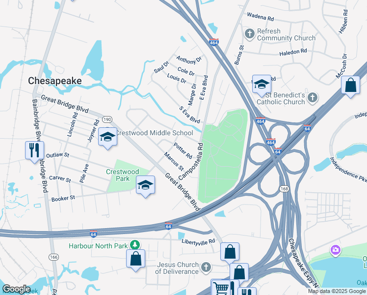 map of restaurants, bars, coffee shops, grocery stores, and more near 712 Potter Road in Chesapeake