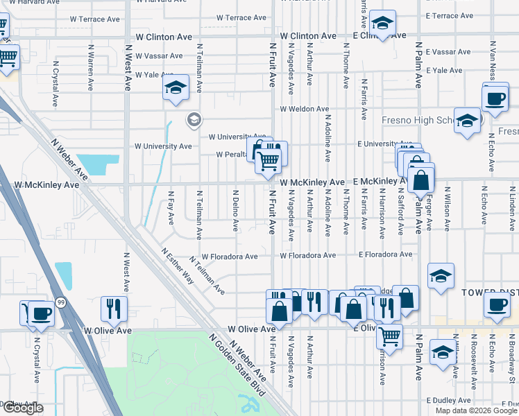 map of restaurants, bars, coffee shops, grocery stores, and more near 1528 N Carruth Ave in Fresno
