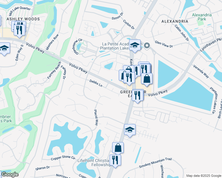 map of restaurants, bars, coffee shops, grocery stores, and more near 1503 Debbs Lane in Chesapeake